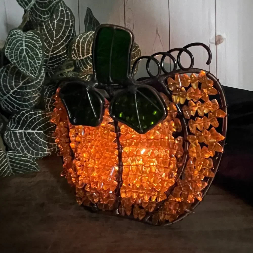 Stained Glass & Copper Beaded Wire Pumpkin Votive Holder Autumn Halloween Decor